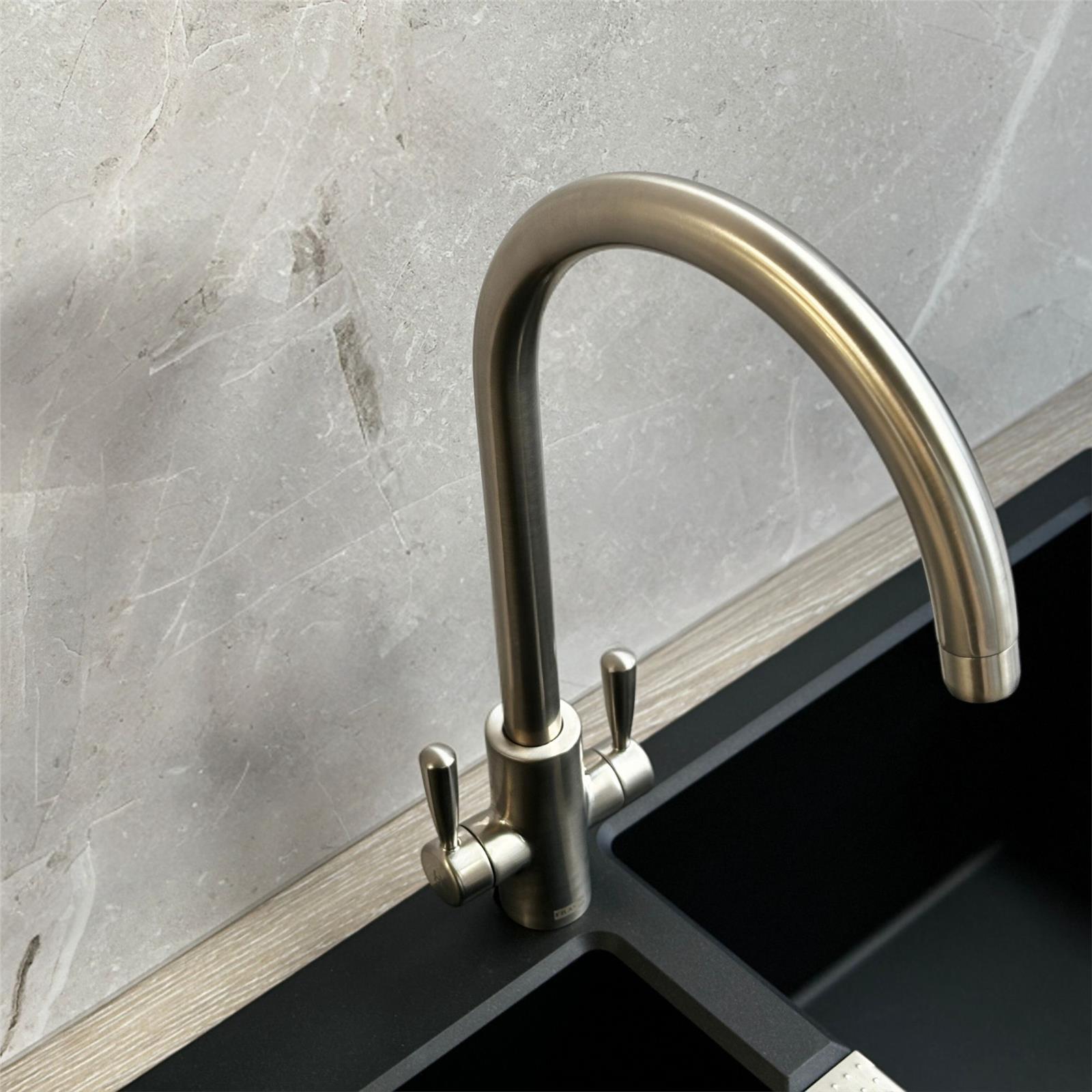 Franke Ascona Swan Neck Swivel Spout Twin Lever Silk Steel Mixer Kitchen Tap